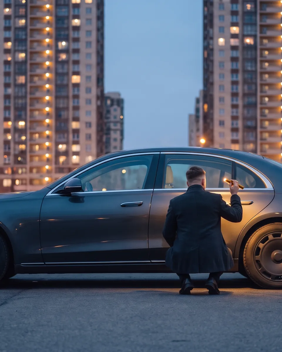 Осмотр автомобиля фонарём на парковке у продавца в сумерках — ИИ-иллюстрация