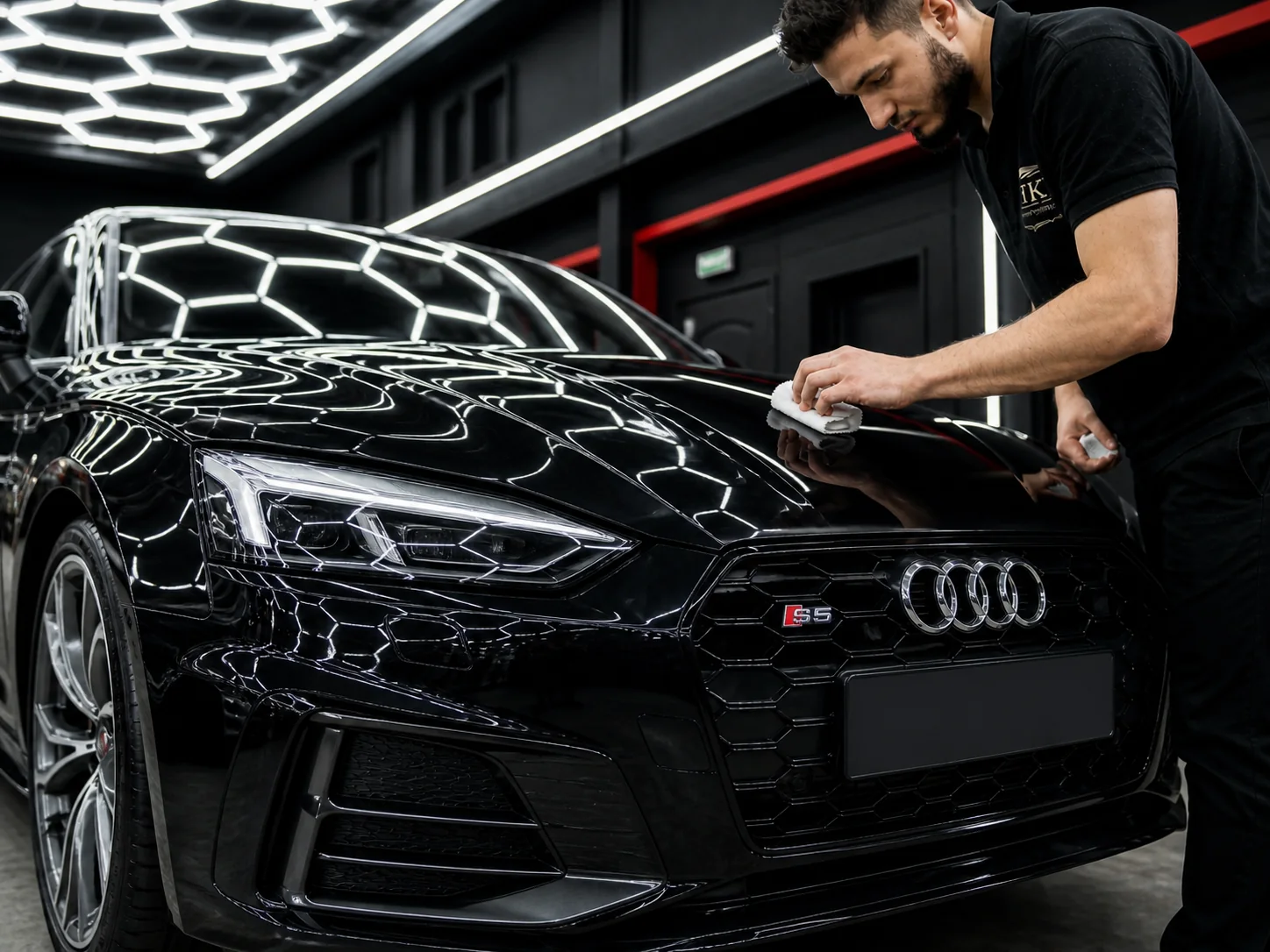 Полировка кузова Audi под студийным светом в студии МГК Премиум