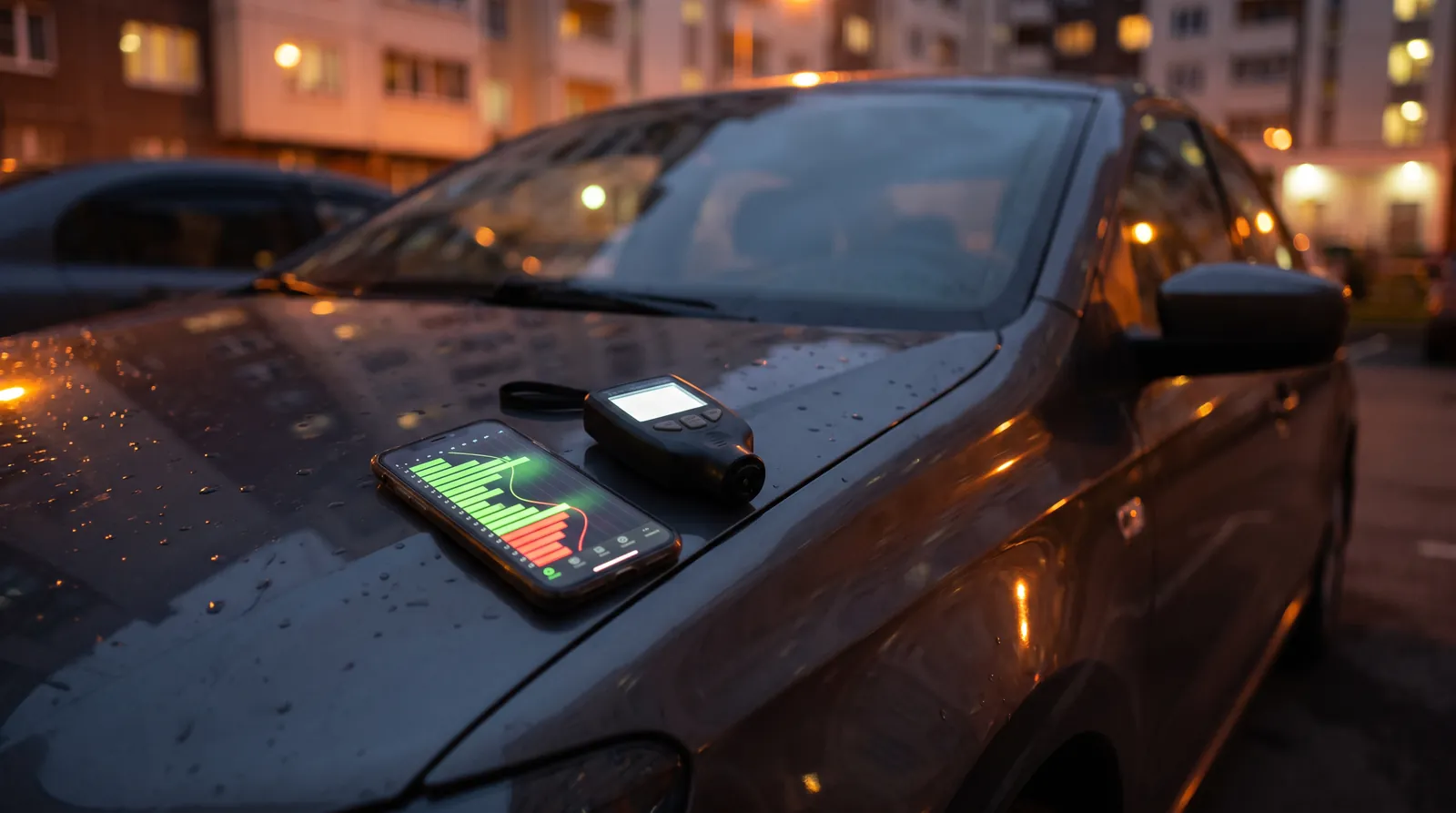 Смартфон с отчётом истории автомобиля и толщиномер на капоте серого седана во дворе Москвы