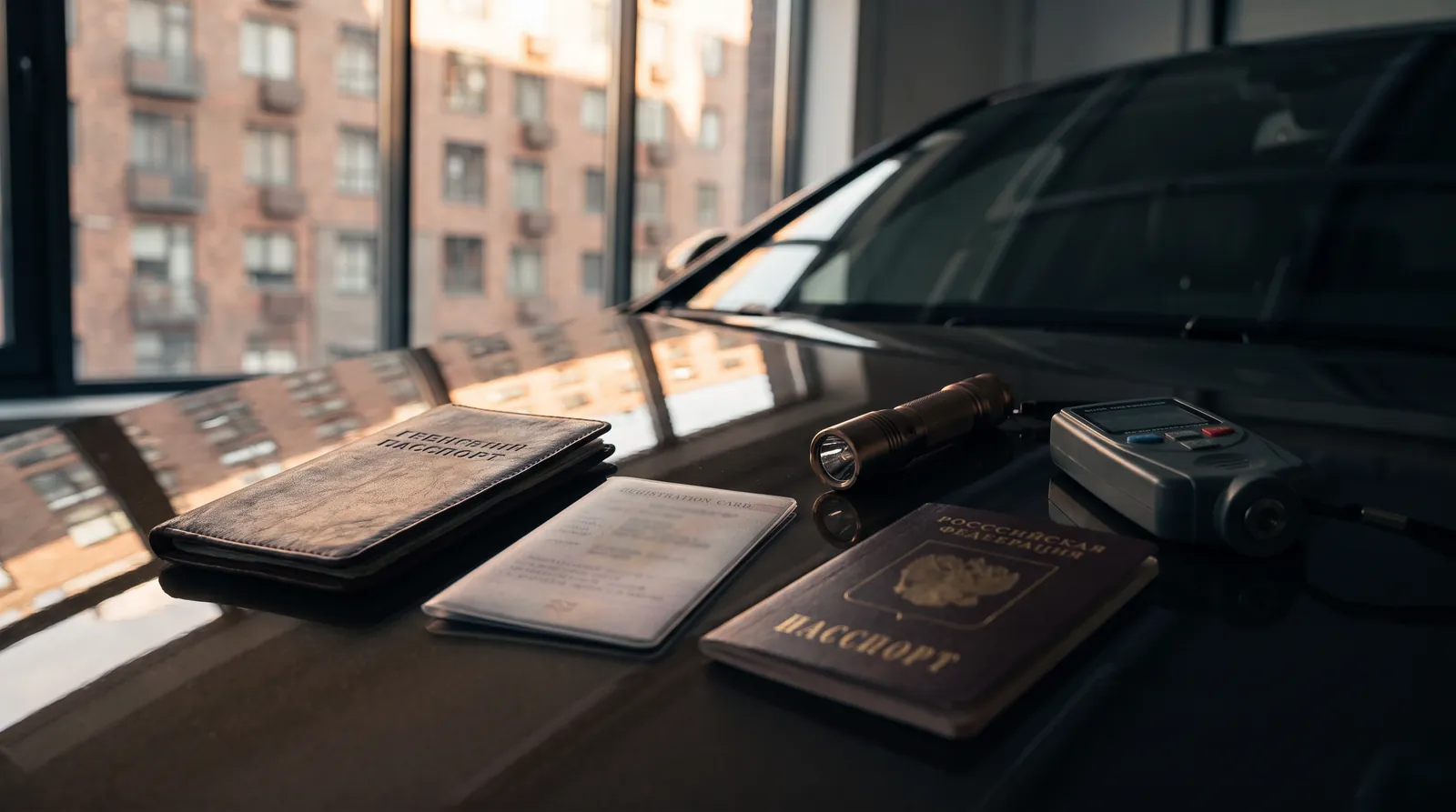 ПТС, свидетельство о регистрации, паспорт, фонарь и толщиномер на капоте автомобиля