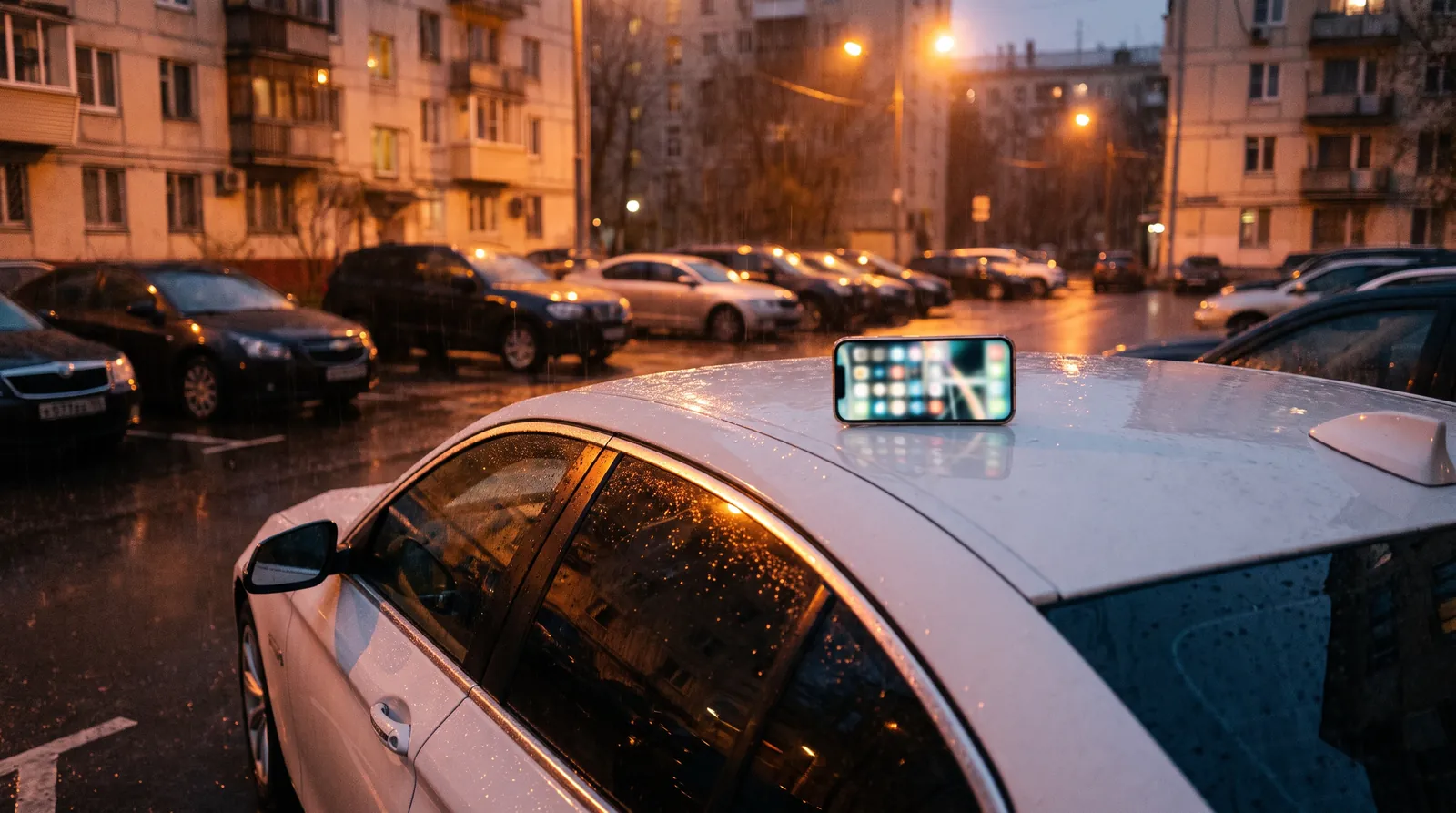 Белый седан во дворе Москвы вечером, на крыше смартфон с выдачей объявлений Авито