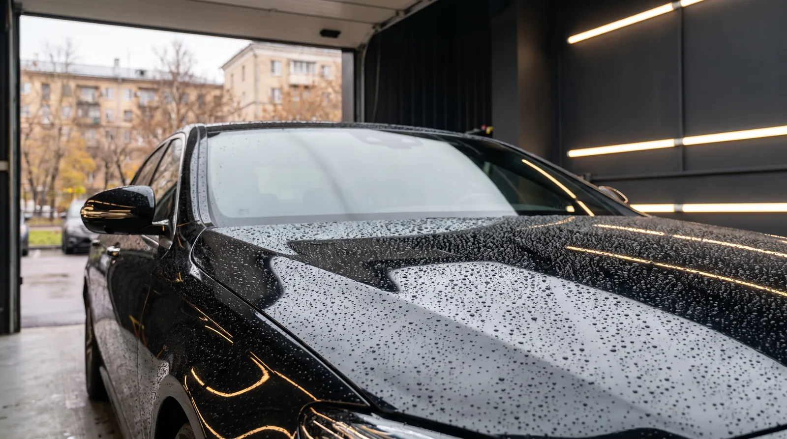 Капли воды шариками на чёрной крыше автомобиля в московском дворе после дождя