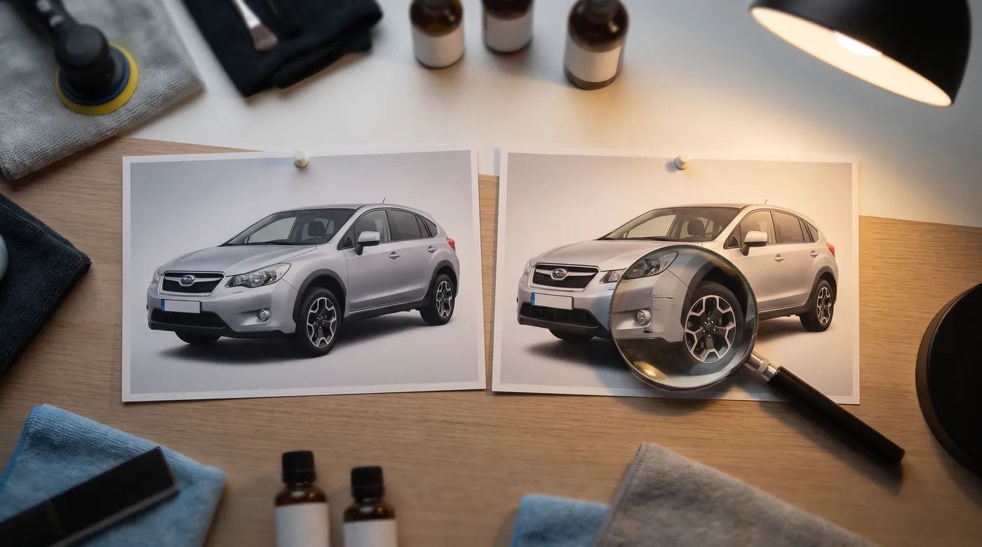 Два снимка одного серебристого кроссовера из разных объявлений рядом: под лупой видны другие диски и отремонтированный угол бампера