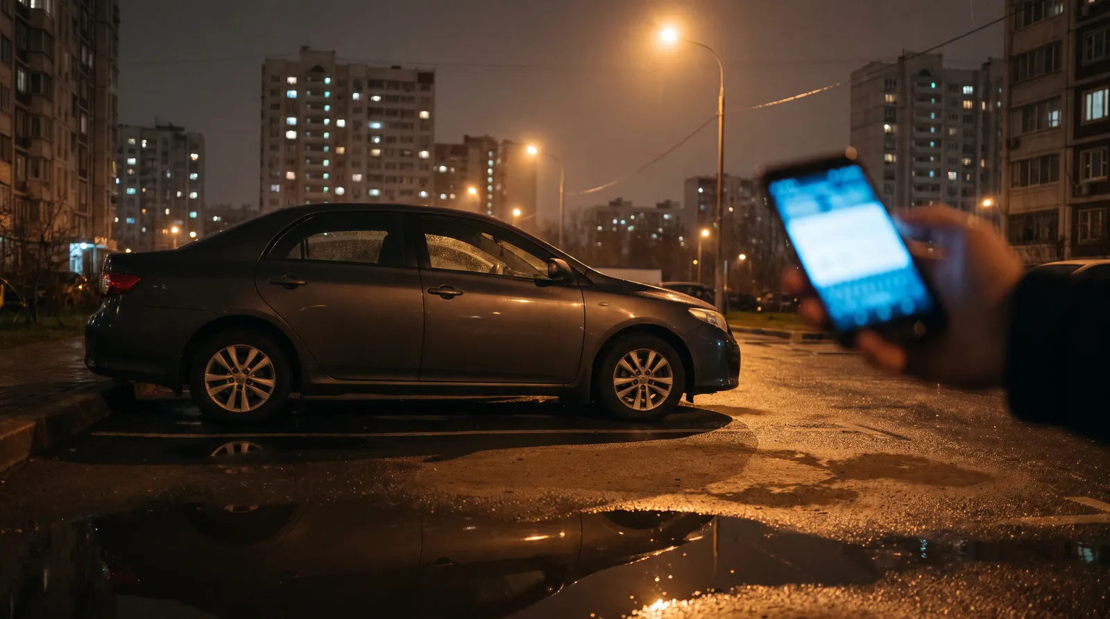 Тёмный седан ночью на дворовой парковке в Москве, на переднем плане телефон с формой проверки